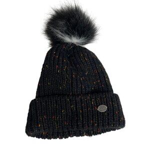 Angela & William Black Knit Beanie Faux Fur Pom Speckled Multicolor Accents